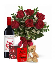 6 Red Roses and Red Wine Combo