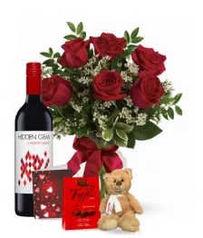 6 Red Roses and Red Wine Combo