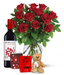 Dozen Red Roses and Red Wine Combo