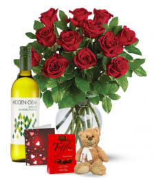 Dozen Red Roses and White Wine Combo