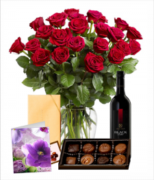 24 Red Roses, Chocolates, Card & Wine