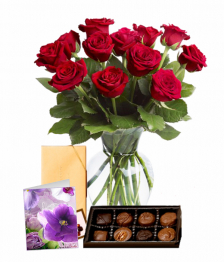 Dozen Roses, Card & Chocolates