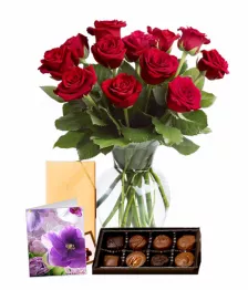 name: Dozen Roses, Card & Chocolates