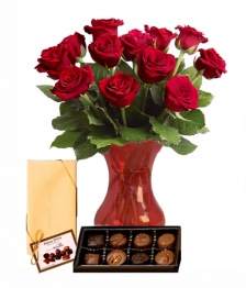 Dozen Roses, Vase & Chocolates
