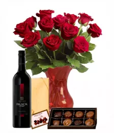 name: Dozen Roses, Vase, Chocolates & Wine