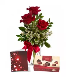 name: 3 Red Roses, Card & Chocolates