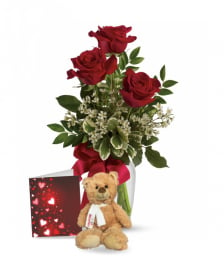 3 Red Roses, Card & Teddy
