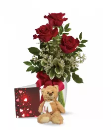 name: Red Rose Trio, Card & Teddy