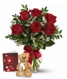 name: Half Dozen Red Roses, Card & Teddy