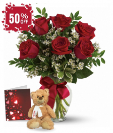 6 Red Roses, Vase & Teddy