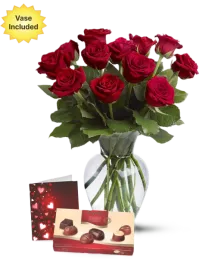 Dozen Roses, Chocolates, Vase & Card