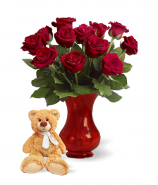 Dozen Red Roses, Vase & Teddy