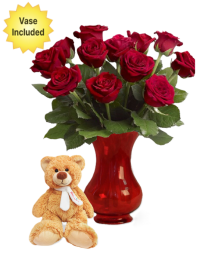 Valentine Day Dozen Red Roses, Vase & Teddy