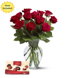 Dozen Red Roses, Vase & Chocolates