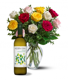 Dozen Mixed Roses & Sauvignon Blanc