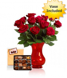 12 LS Red Roses, Vase & Chocolates