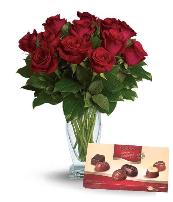Dozen Red Roses, Vase & Chocolates