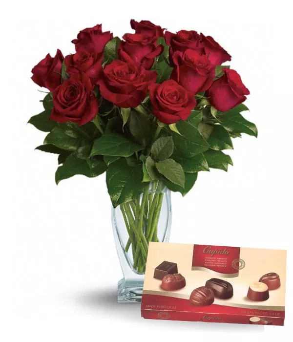 Dozen Red Roses, Vase & Chocolates