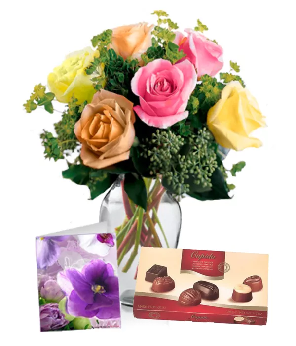 Half Dozen Assorted Roses, Chocolates & Card