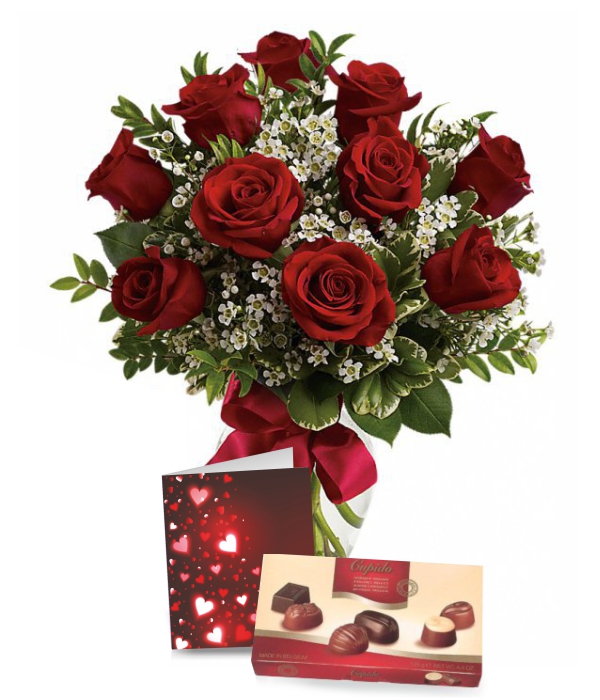 Ten Red Roses, Card & Chocolates