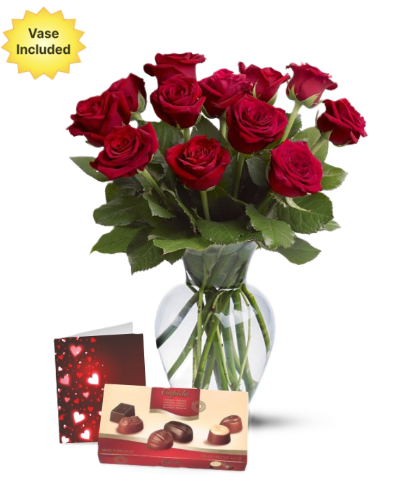 Dozen Roses, Chocolates, Vase & Card
